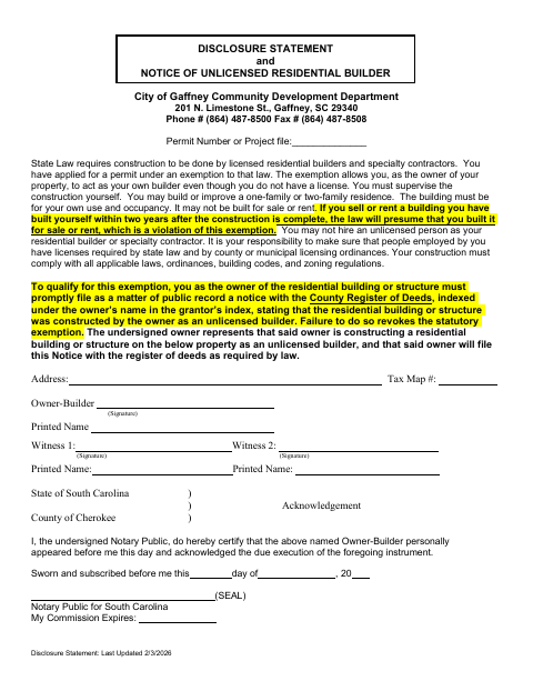 First page of the Disclosure Statement and Notice of Unlicensed Residential Builder
