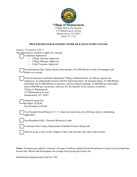 First page of the Hawkers, Peddler & Solicitors License Application
