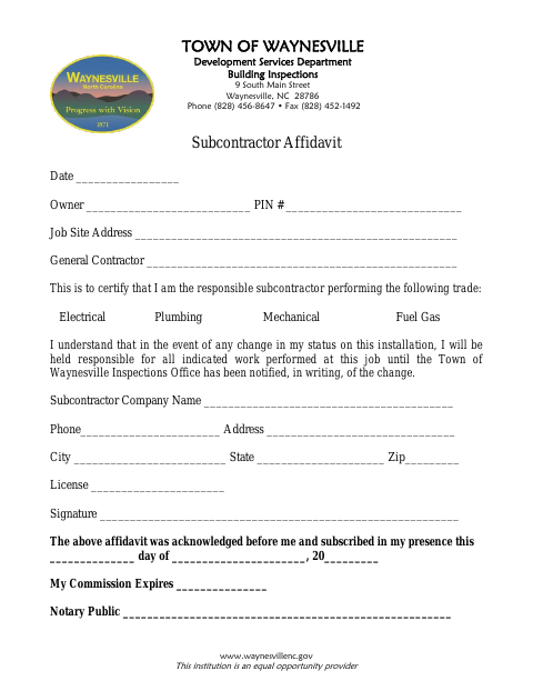 First page of the Subcontractor Affidavit