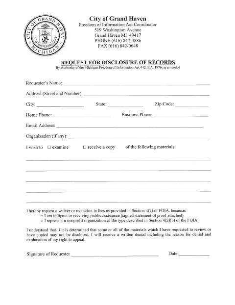 First page of the FOIA Request Form