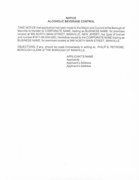 First page of the Alcoholic Beverage License Transfer Publication Form