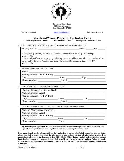 First page of the Abandoned/Vacant Property Registration Form