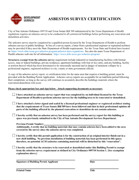 First page of the Asbestos Survey Certification