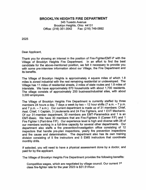 First page of the Firefighter/EMT-P Applicant Package