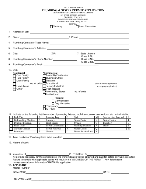 First page of the Plumbing & Sewer Permit Application