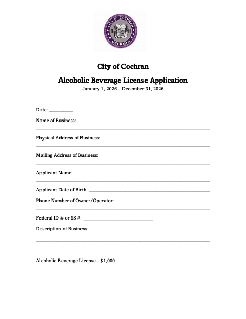 First page of the 2026 Alcoholic Beverage License Application
