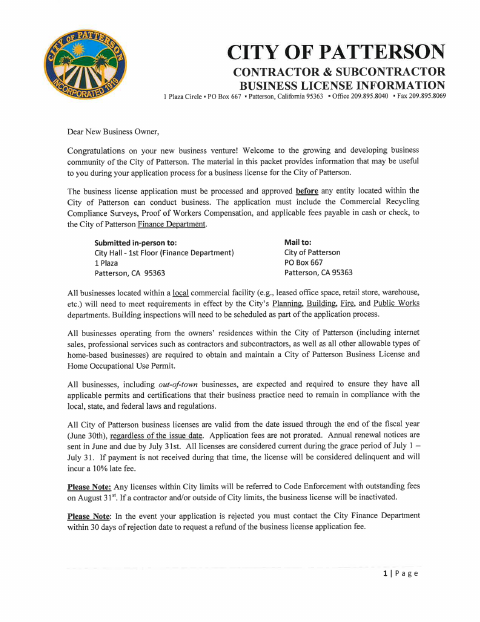 First page of the Contractor Business License Application