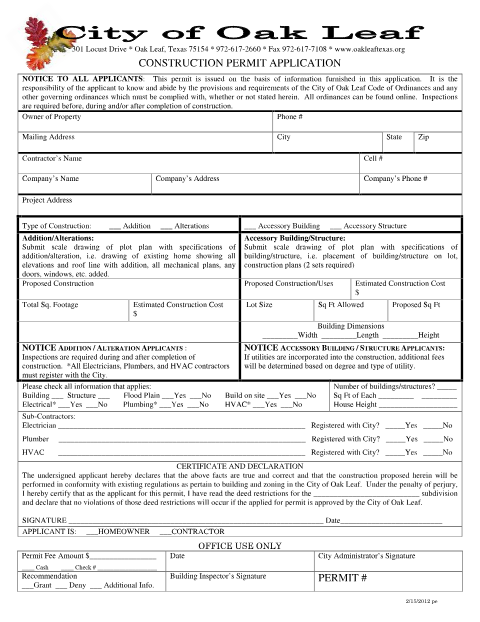 First page of the Additional Construction Permit Application