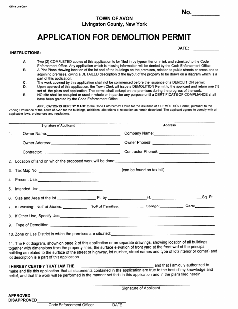 First page of the Application for Demolition Permit