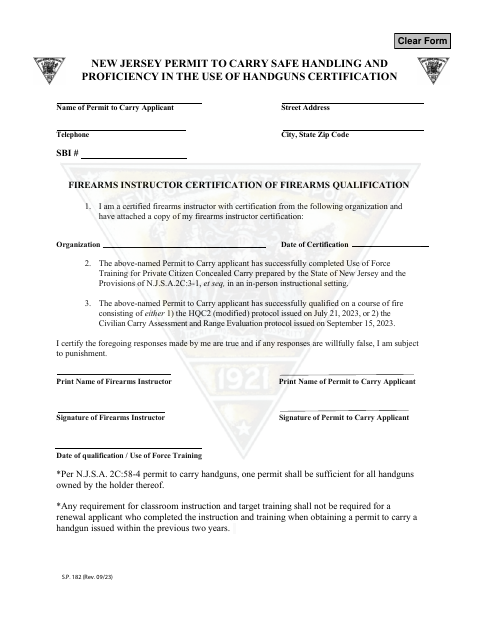 First page of the Safe Handling and Proficiency in the Use of Handguns Certification