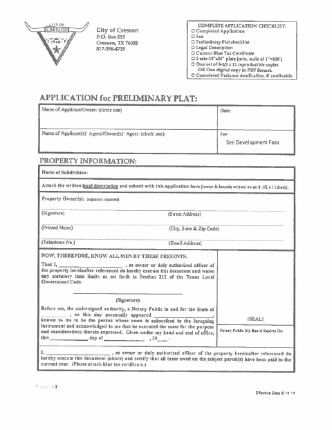 First page of the Application for Preliminary Plat