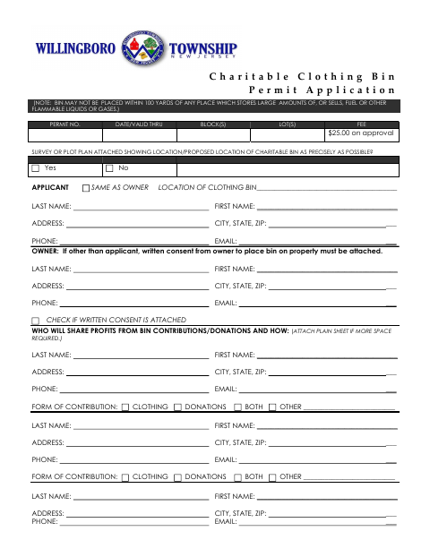 First page of the Charitable Clothing Bin Permit Application