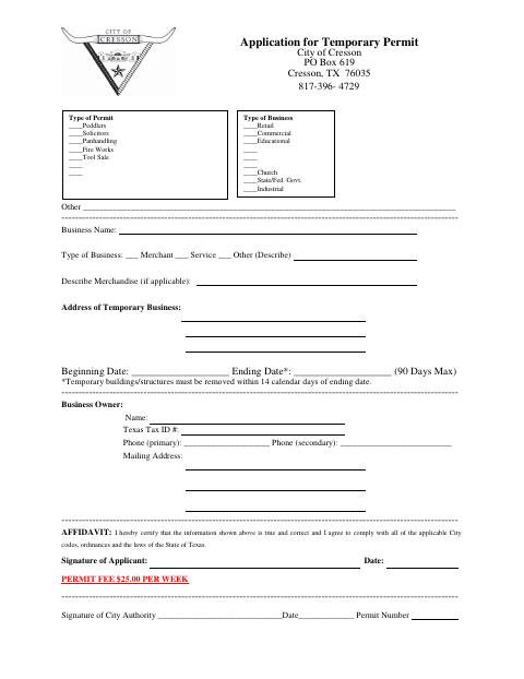 First page of the Application for Temporary Permit