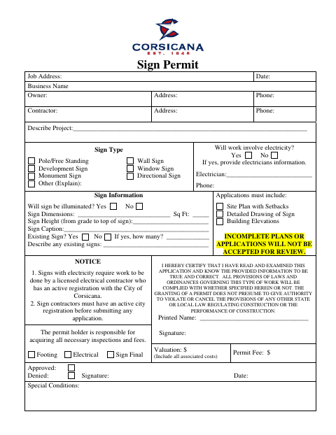 First page of the Sign Permit