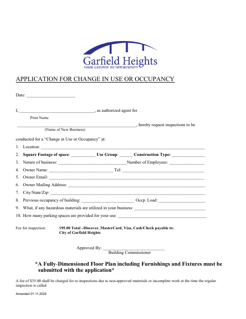 First page of the Change in Use or Occupancy