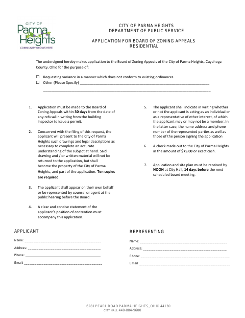 First page of the Application for Board of Zoning Appeals – Residential