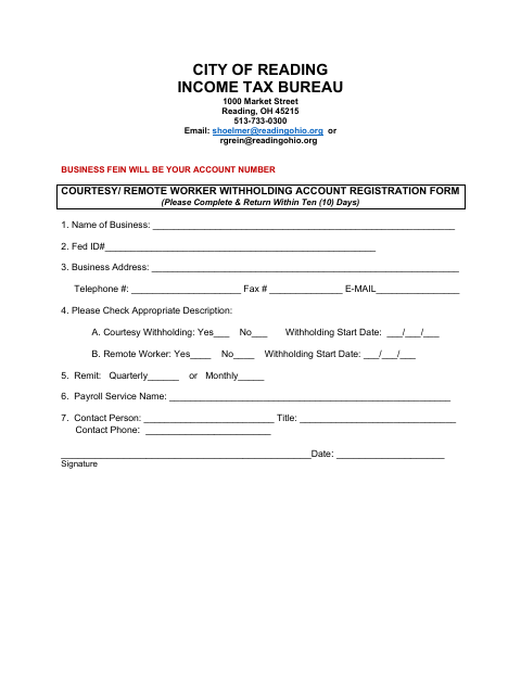 First page of the Courtesy/Remote Worker Withholding Account Registration Form