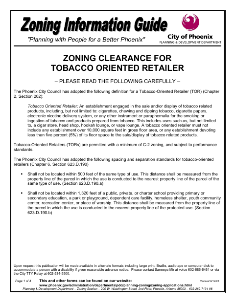 First page of the Zoning Clearance for Tobacco-Oriented Retailer Application