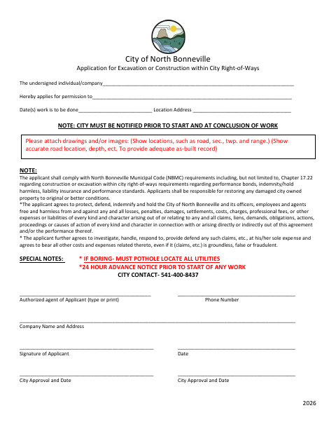 First page of the Application for Excavation or Construction Within City Right-of-Ways