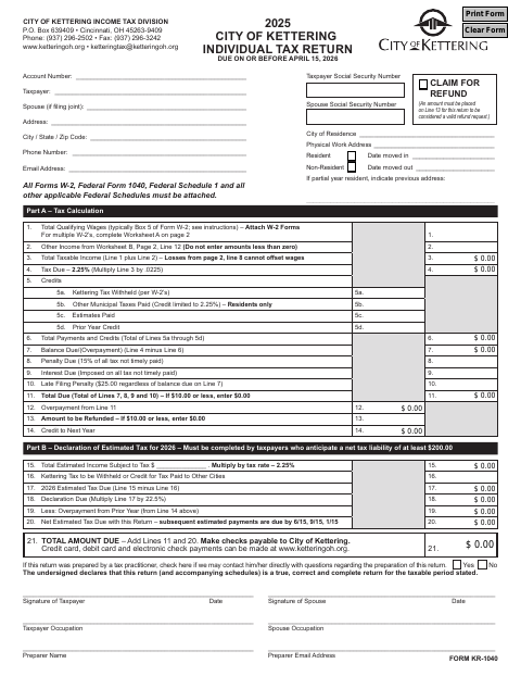 First page of the 2025 Form KR-1040 Individual Return