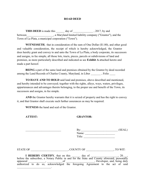 First page of the Road Deed