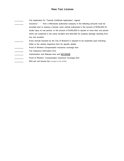 First page of the Taxicab Certificate Application