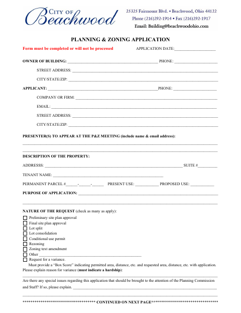 First page of the Planning & Zoning Application