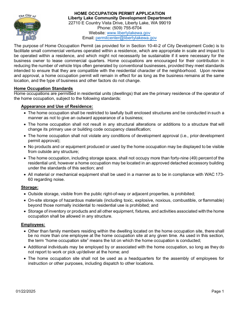 First page of the Home Occupation Permit Application