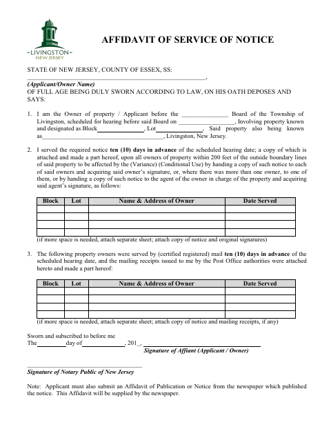First page of the Affidavit of Service of Notice