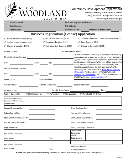 First page of the Business Registration (License) Application