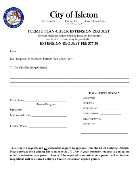 First page of the Permit/Plan-Check Extension Request