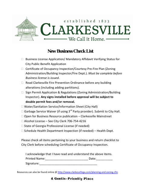 First page of the New Business Checklist