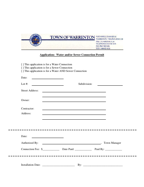 First page of the Water and/or Sewer Connection Permit Application