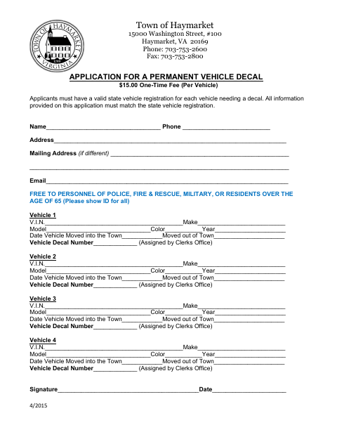 First page of the Application for a Permanent Vehicle Decal