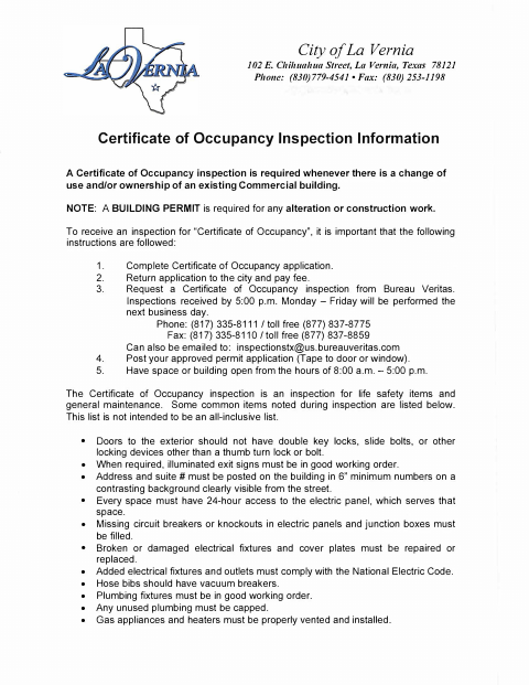 First page of the Certificate of Occupancy Inspection Information