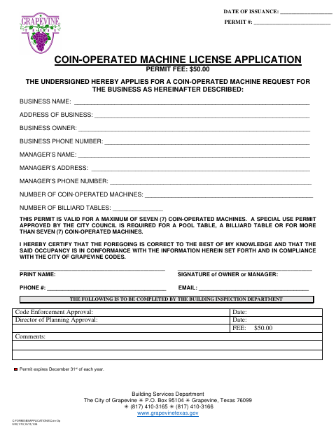 First page of the Coin-Operated Machine License Application