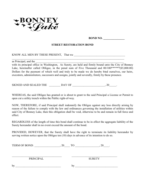 First page of the Street Restoration Bond
