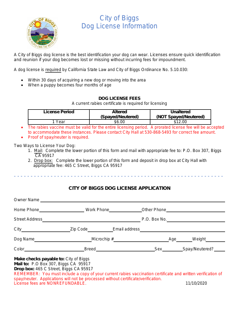 First page of the Dog License Application