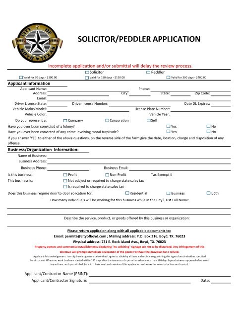 First page of the Solicitor/Peddler Permit Application