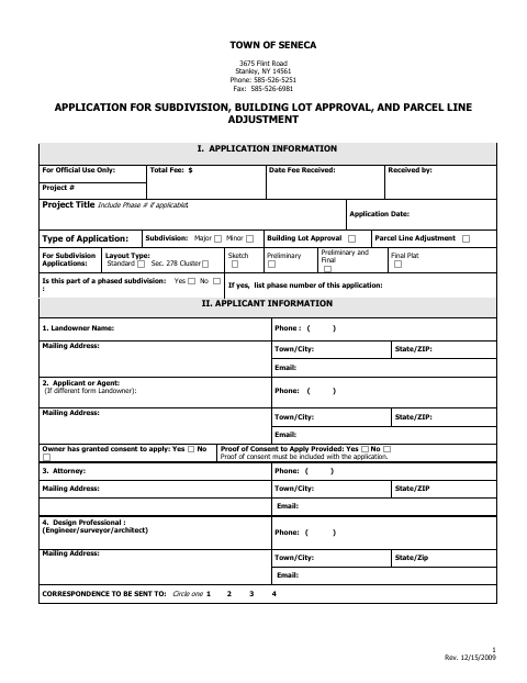 First page of the Application for Subdivision, Building Lot Approval, and Parcel Line Adjustment