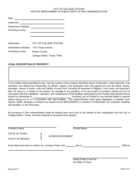 First page of the Private Improvement in Public Right-of-Way Indemnification