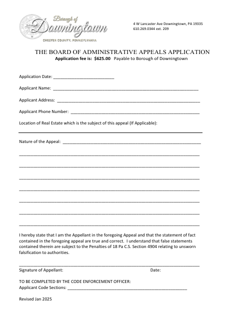 First page of the Board of Administrative Appeals Application
