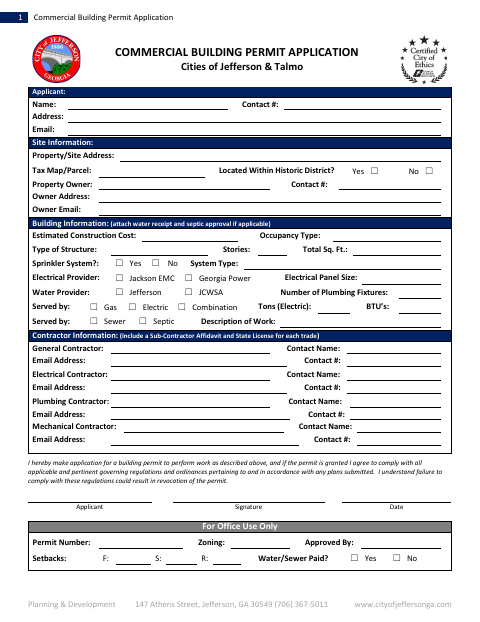 First page of the Commercial Building Permit Application