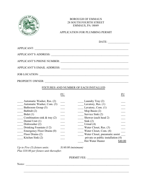First page of the Application for Plumbing Permit
