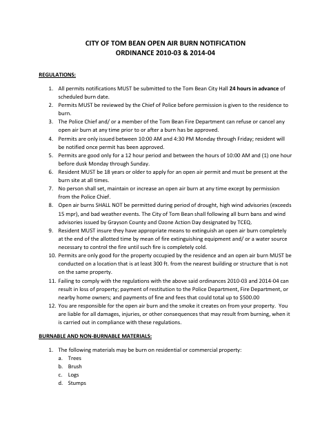 First page of the Open Air Burn Notification