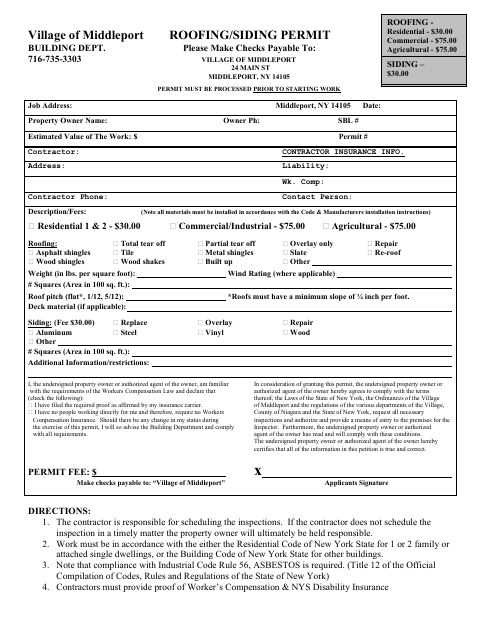 First page of the Roofing/Siding Permit Application