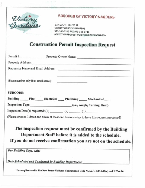 First page of the Construction Permit Inspection Request