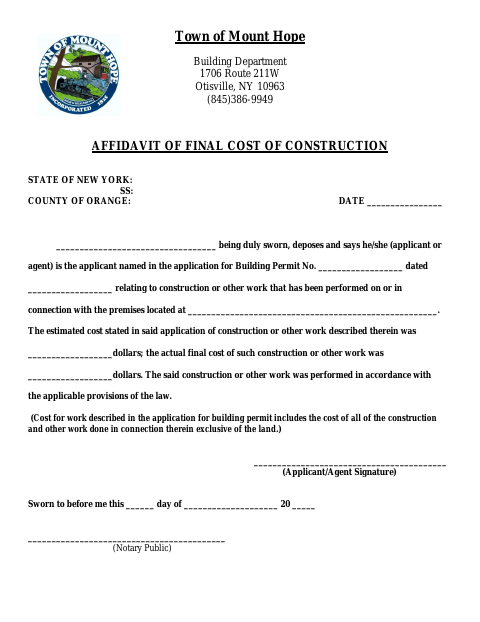 First page of the Affidavit of Final Cost of Construction