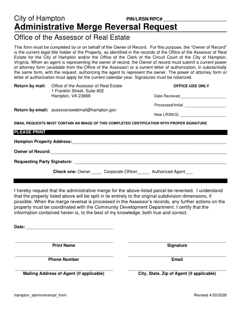 First page of the Administrative Merge Reversal Request