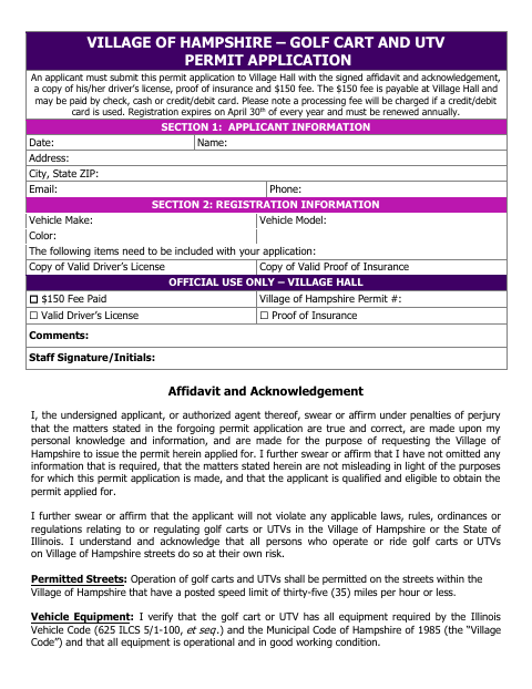 First page of the Golf Cart and UTV Permit Application